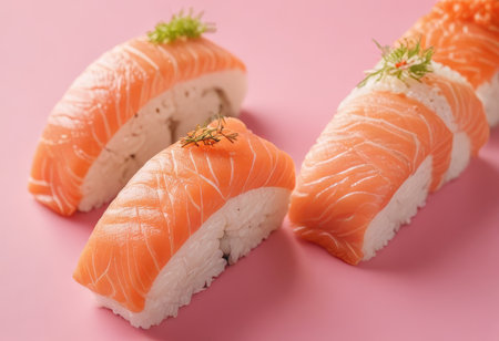Sushi roll with salmon on pink background, closeup. Japanese foodの素材