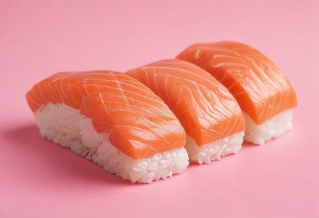 Salmon sushi, japanese food on a pink background.の素材