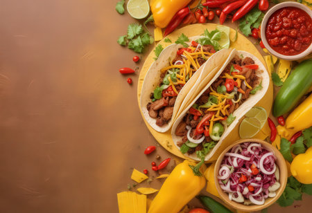 Tacos with meat and vegetables on wooden table, top viewの素材