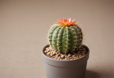 Cactus with orange flower in a pot on the beige backgroundの素材