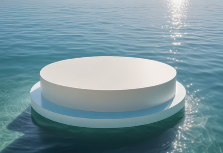 3d render of white podium on the water surface in the seaの素材