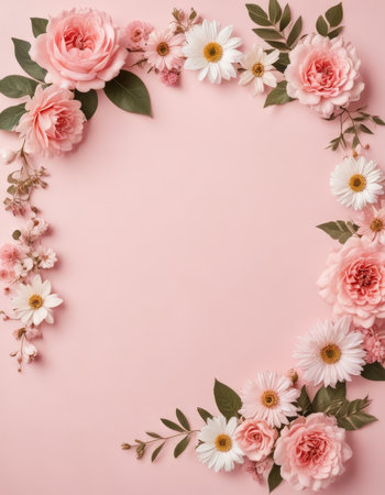Flowers composition. Frame made of pink roses, daisies and leaves on pastel pink background. Flat lay, top view, copy spaceの素材