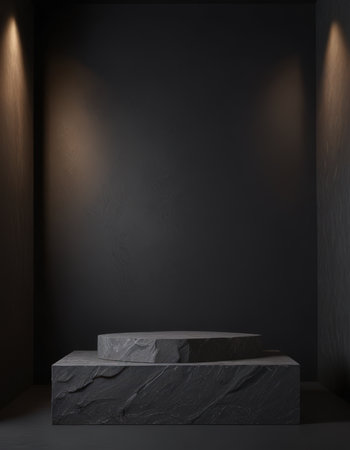 Black marble pedestal in dark room with spotlights. 3d renderの素材