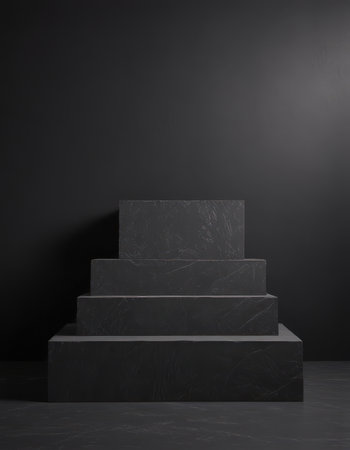 Black marble stairs on black wall background. 3d render illustration.の素材