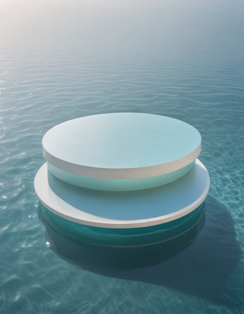 3d render of podium in blue water with reflection. Abstract background.の素材