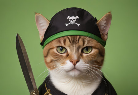 Cat in pirate costume with knife and saber on green background.の素材