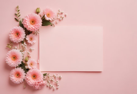 Flowers composition. Frame made of pink flowers on pastel pink background. Flat lay, top view, copy spaceの素材