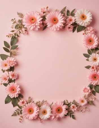 Flowers composition. Frame made of pink flowers on pastel pink background. Flat lay, top view, copy spaceの素材