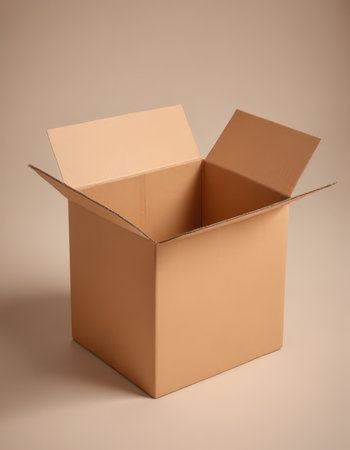 Open brown cardboard box on a beige background. 3d renderingの素材