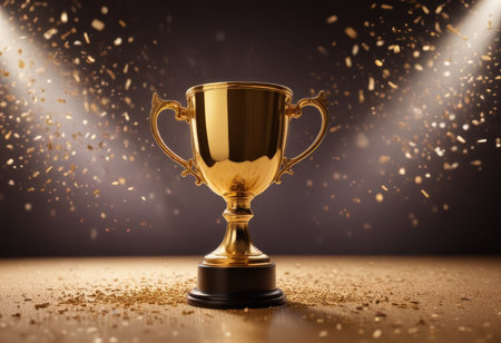 Golden trophy cup with dust particles on wooden table and dark background.の素材