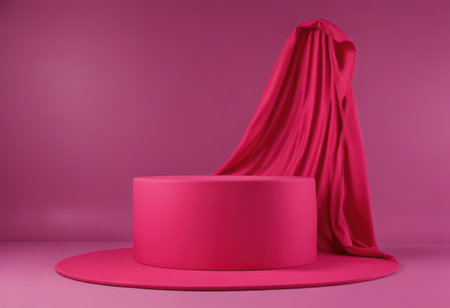 3d rendering of a pink podium with a red cloth on it.の素材