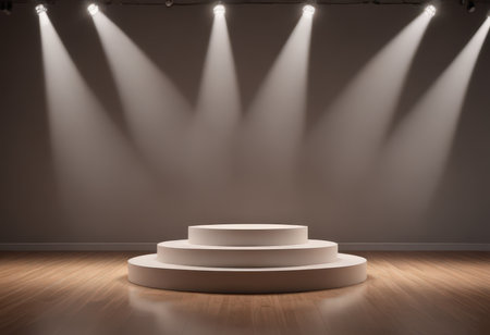 Podium illuminated by spotlights in empty room. 3D renderingの素材