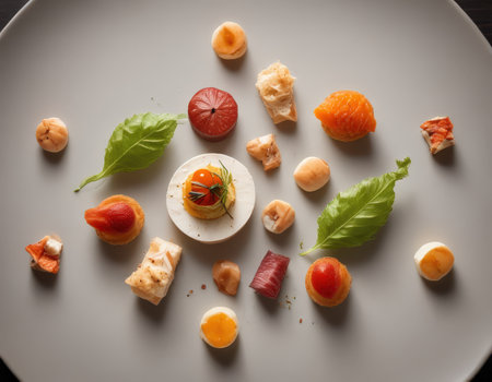 Set of different canapes on a white plate. Top view.の素材