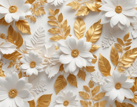 Flowers composition. White flowers and golden leaves on white background. Flat lay, top view, copy spaceの素材