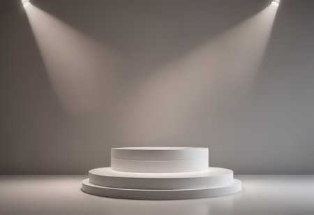White podium on a gray background with spotlights. 3d renderingの素材