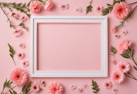 White frame with pink flowers on pink background. Flat lay, top viewの素材