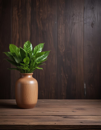green plant in vase on wooden table and dark wood wall backgroundの素材