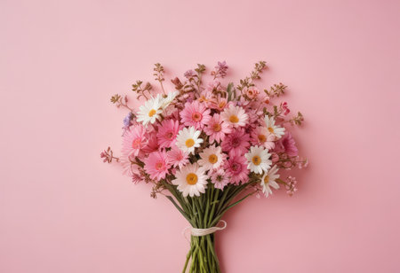Bouquet of chamomile flowers on a pink backgroundの素材