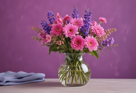 Bouquet of pink flowers in a glass vase on a purple backgroundの素材