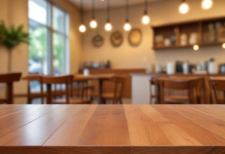 Empty wooden table and Coffee shop blur background with bokeh image.の素材