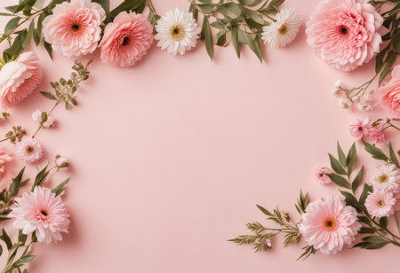 Flowers composition. Frame made of pink flowers on pastel pink background. Flat lay, top view, copy spaceの素材