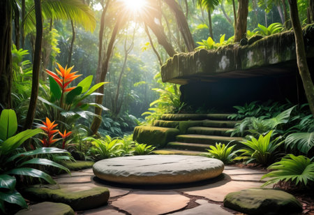 Stone walkway in the tropical garden with sunbeams and lens flareの素材