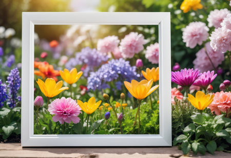 Colorful spring flowers in the garden with white frame. Spring backgroundの素材