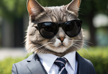 Closeup of a cat wearing sunglasses and a suit on the streetの素材