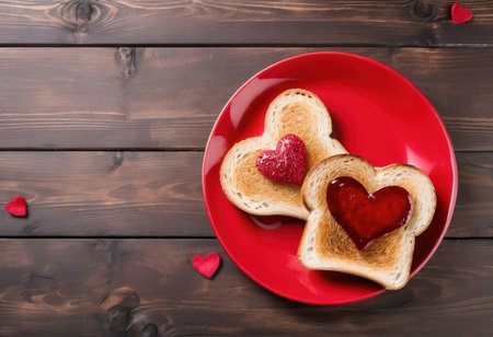 Toasted bread with strawberry jam in shape of heart on wooden backgroundの素材