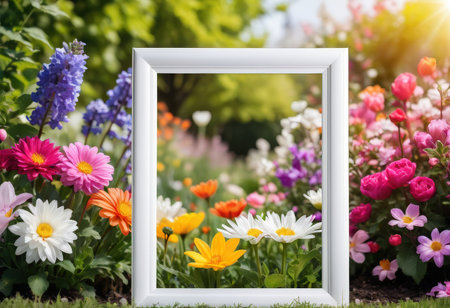 Photo frame mockup with spring flowers in the garden. Nature background.の素材