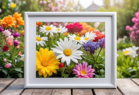 Photo frame with daisies and hyacinths in the gardenの素材