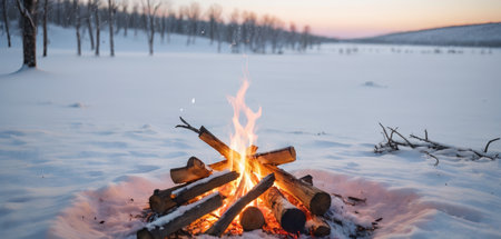 Bonfire in the winter forest on a background of the sunset.の素材