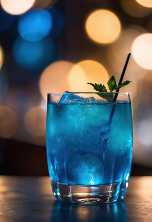 Blue cocktail with mint and ice on a bar counter in a nightclubの素材