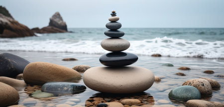Stack of zen stones on the sea shore. Zen background.の素材