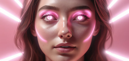 Beautiful girl with pink make-up and neon lights. 3d renderingの素材