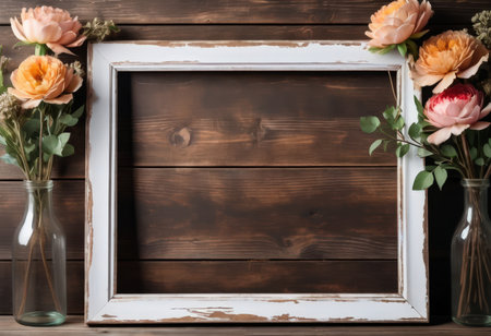 Wooden frame with beautiful flowers in vase on wooden background, top viewの素材