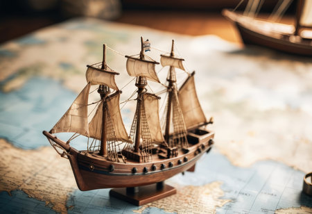 model of the old ship on the background of the map of the worldの素材