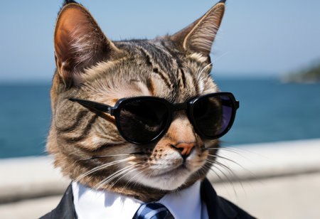 Portrait of a cat in a business suit and sunglasses on the background of the seaの素材