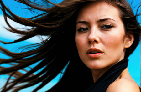 Portrait of a beautiful brunette woman with her hair in the windの素材