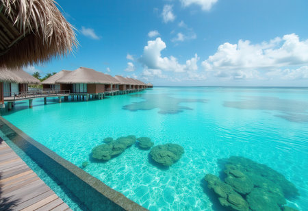 tropical beach in Maldives with few palm trees and blue lagoonの素材