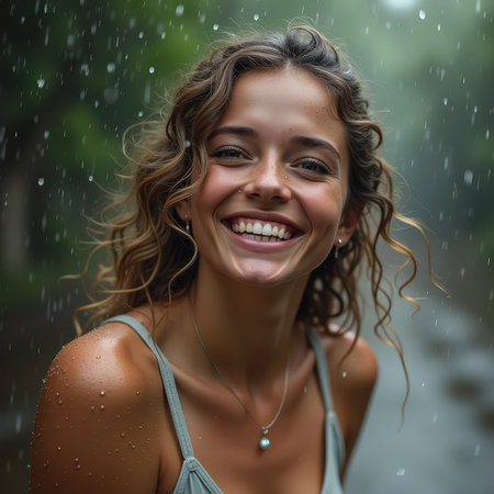 Portrait of a beautiful young woman smiling under the rain in the forestの素材