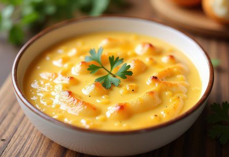 Pumpkin soup with croutons and parsley in a bowlの素材
