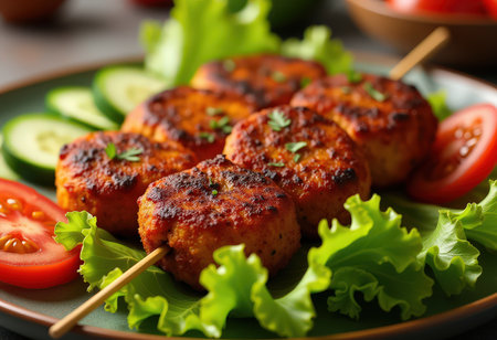 Tasty grilled meatballs on plate, closeup. Kebabの素材