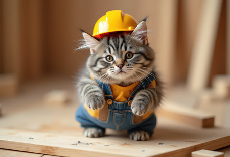 Cute little tabby kitten in a construction helmet and overalls.の素材