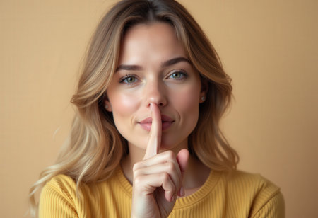 Portrait of beautiful young woman with finger on lips, isolated on beigeの素材
