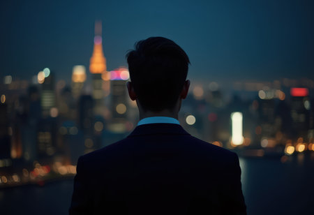 Businessman looking at the night view of the skyscrapers in the cityの素材