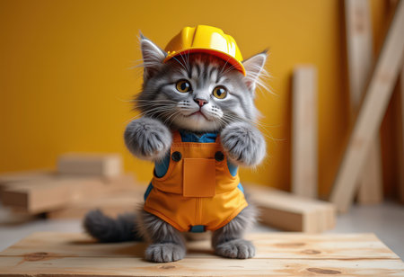 Cute little kitten in hardhat and overalls on wooden tableの素材