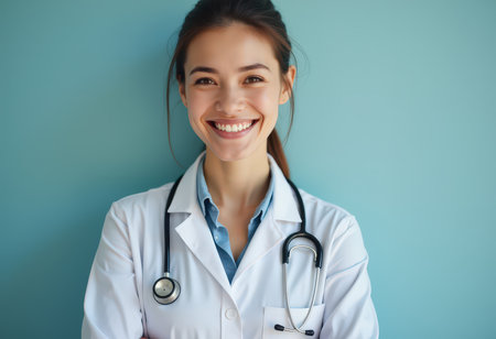 Portrait of a smiling female doctor with stethoscope on blue backgroundの素材