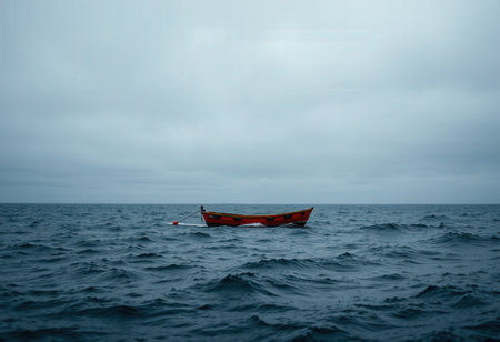 Fishing boat in the middle of the sea on a cloudy dayの素材