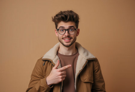 Portrait of a young man in coat and eyeglasses showing thumbs up on beige backgroundの素材